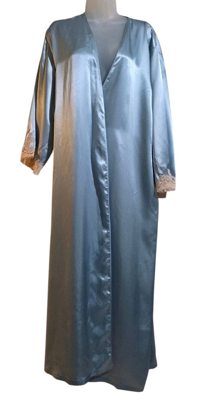 Oscar de la Renta Pink Label Satin Robe Blue Kimono Sleeve Lace Trim Sz Large/XL